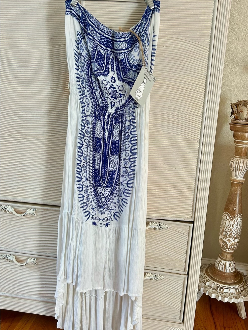 Bohemian White Maxi Dress with Blue Medallion Print